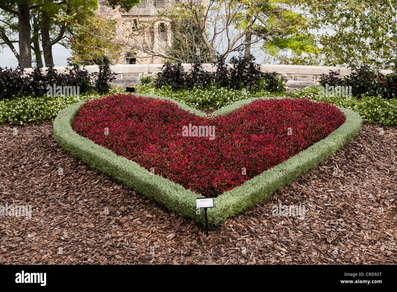 Heart shaped planting at Boldt Castle. A garden planting in a shape that reminds you of the history of the castle its island Stock Photo