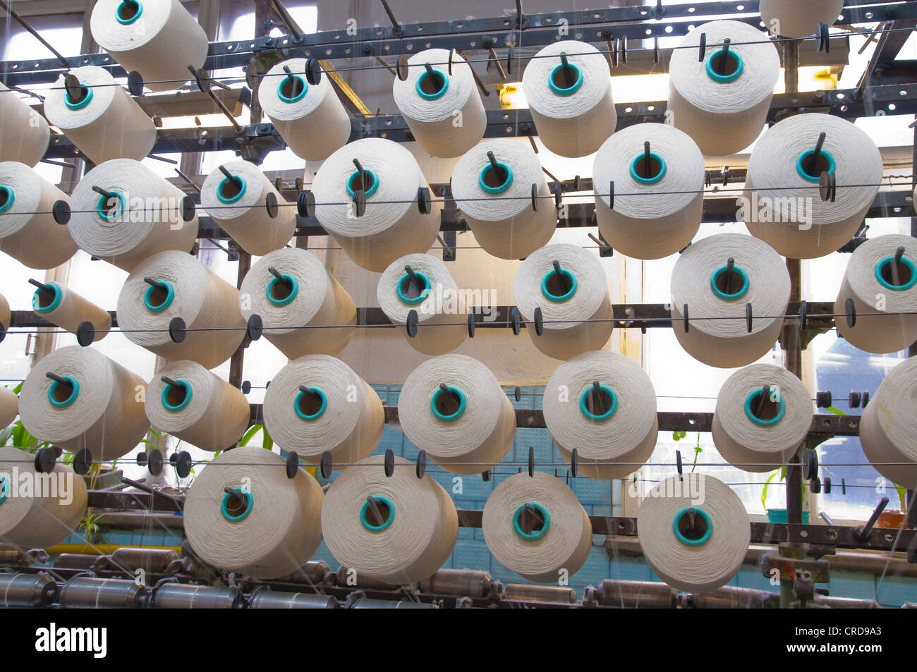 Cotton yarn on large spools and textile factory equipment in the workshop Stock Photo
