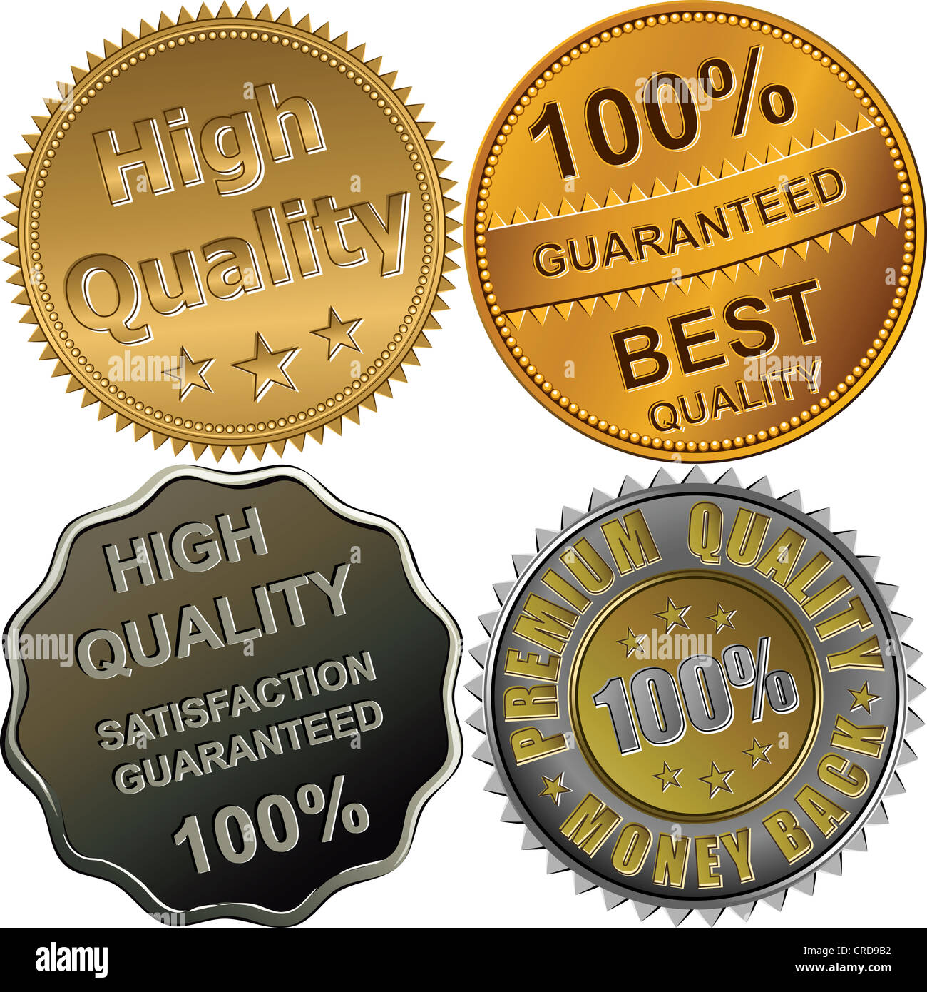 vector set of gold, silver and bronze medals for best, premium, high quality, 100 percent guaranteed, isolated on the white back Stock Photo