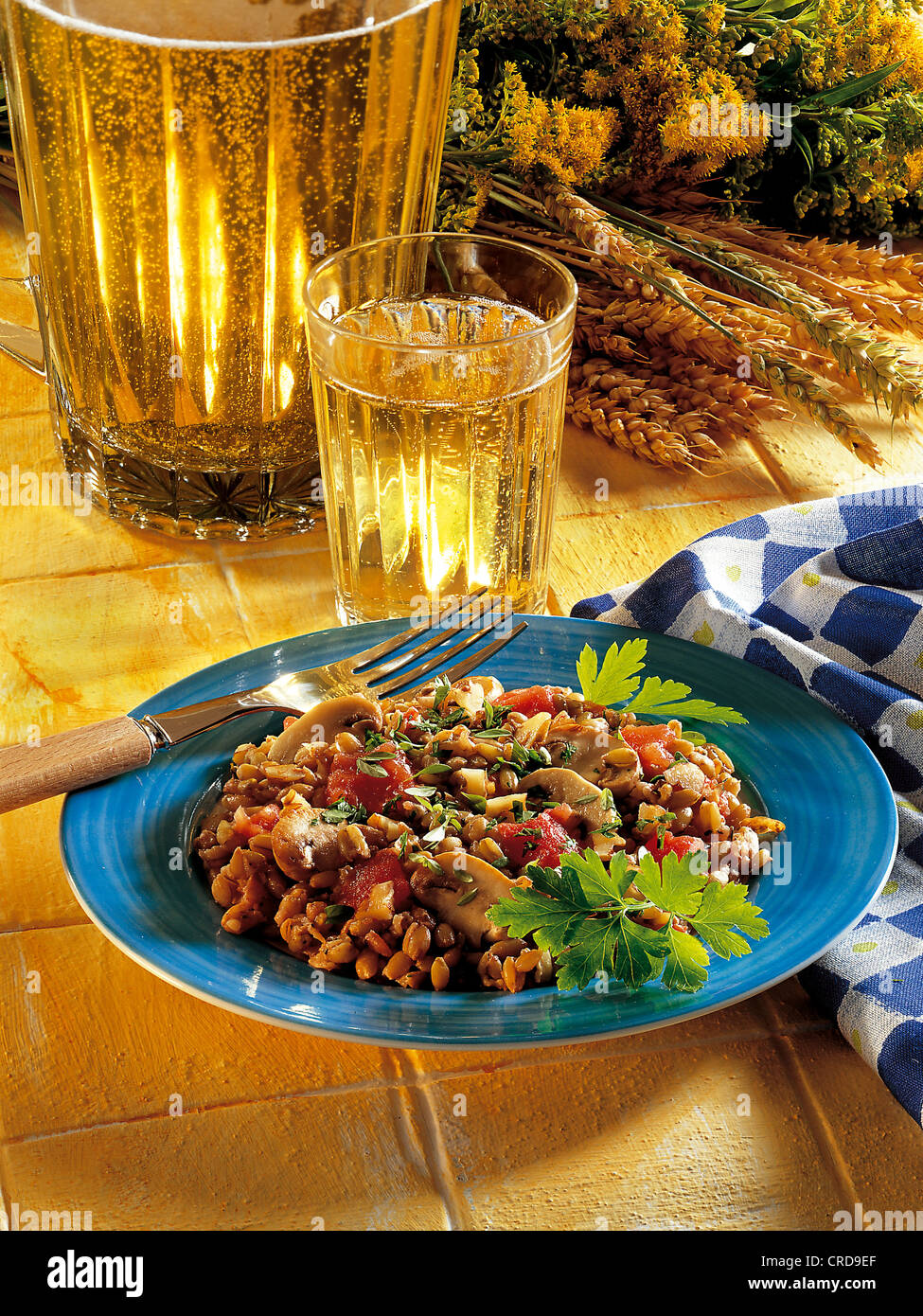 Unripe spelt grain with mushrooms, vegetarian stew, Germany. Stock Photo