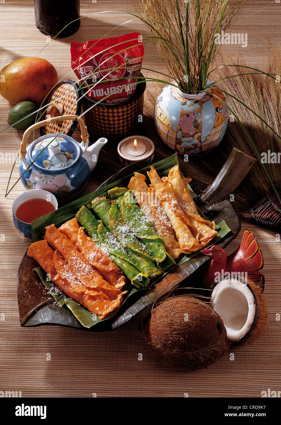 Colourful coconut pancakes from rice flour and coconut milk, Thailand Stock Photo Alamy