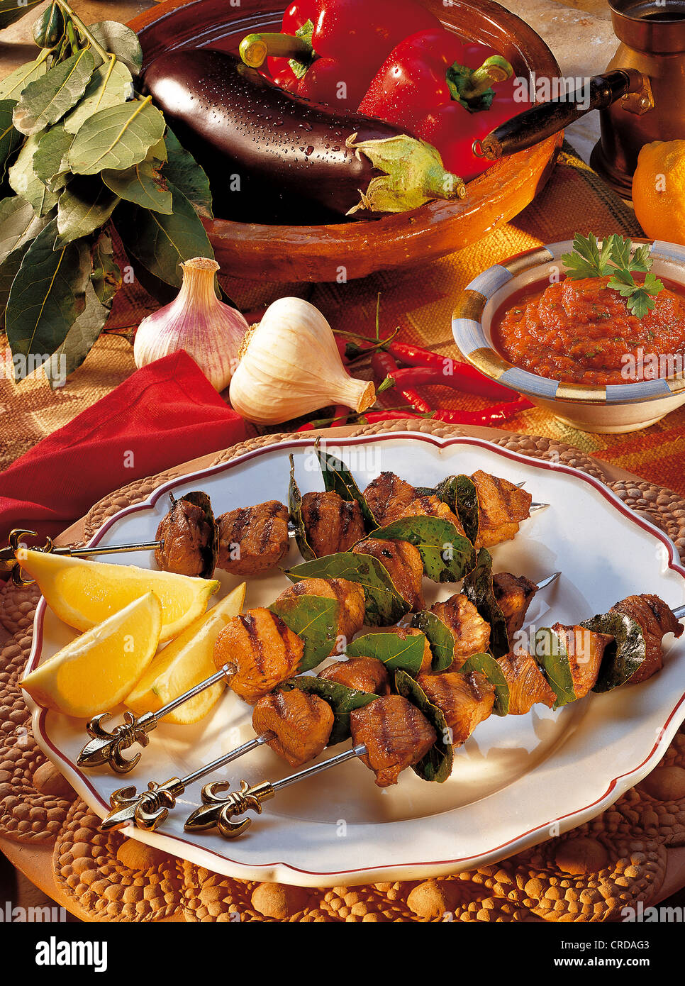 Lamb kebabs with eggplant puree, Iran. Stock Photo