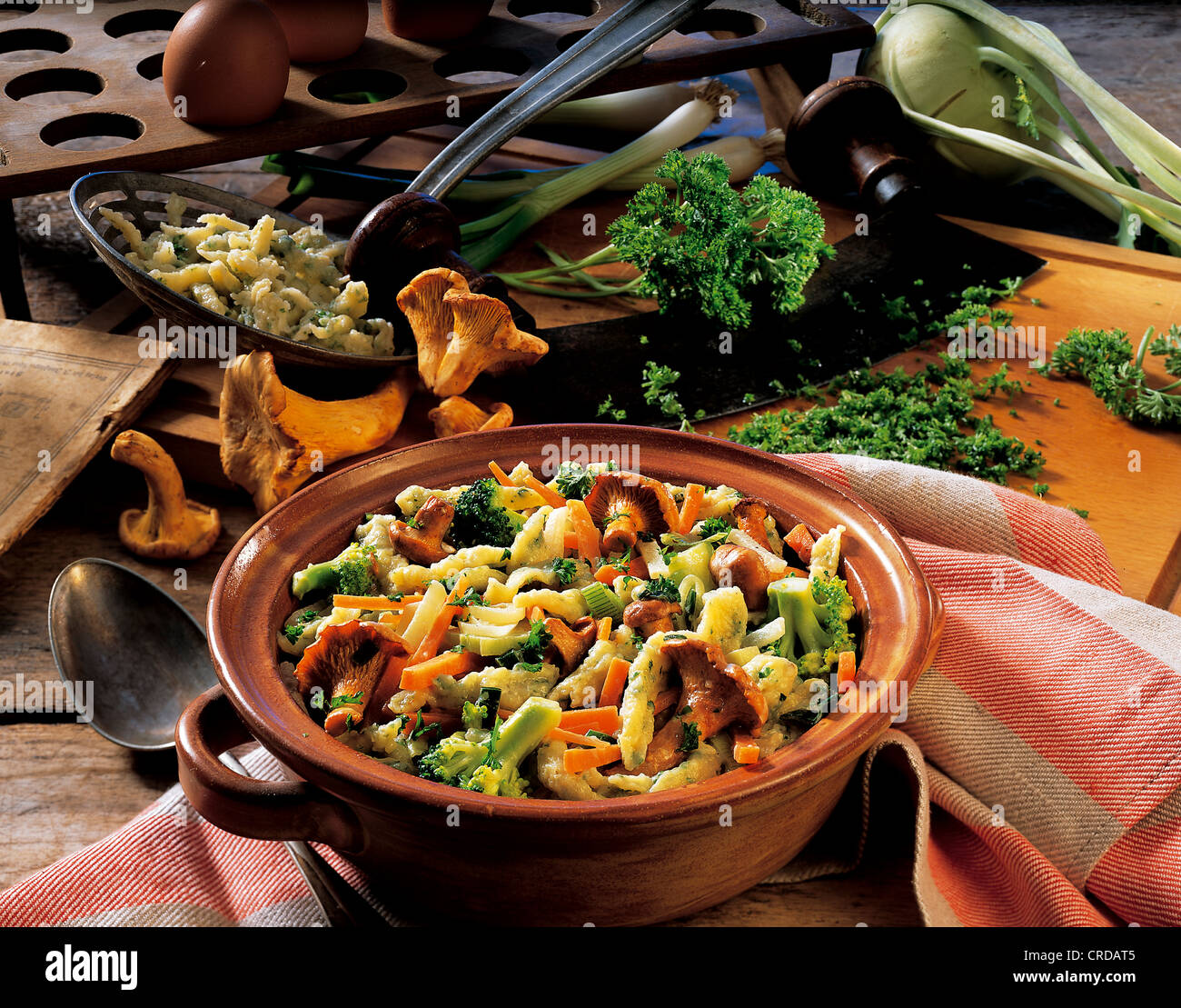 Swabian noodles with vegetables and chanterelles, Germany Stock Photo