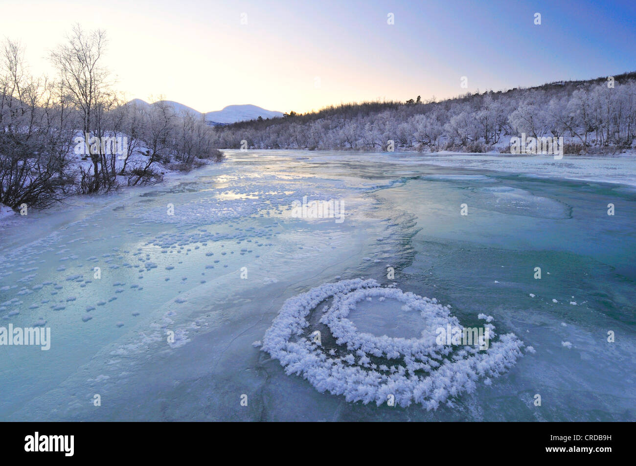 frozen river Abiskoj�kka, Sweden, Lapland, Norrbotten, Abisko National Park Stock Photo