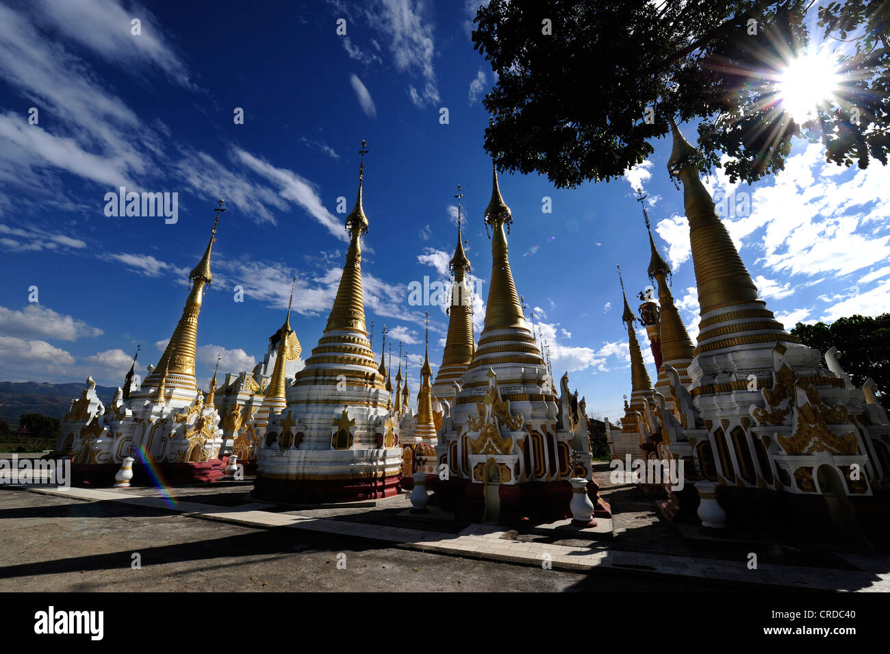 Pagodas of a monastery complex in Nyaungshwe on Inle Lake in Myanmar, Burma, Southeast Asia, Asia Stock Photo
