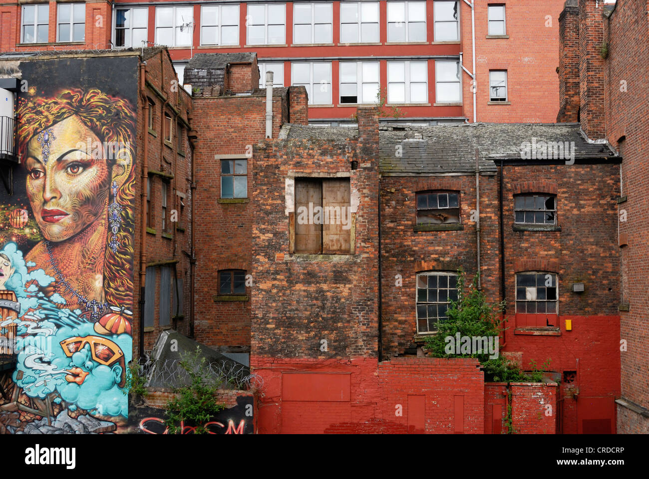 Street art on the side of a building with decaying semi-derelict buildings contrasting with a modern building behind. Stock Photo