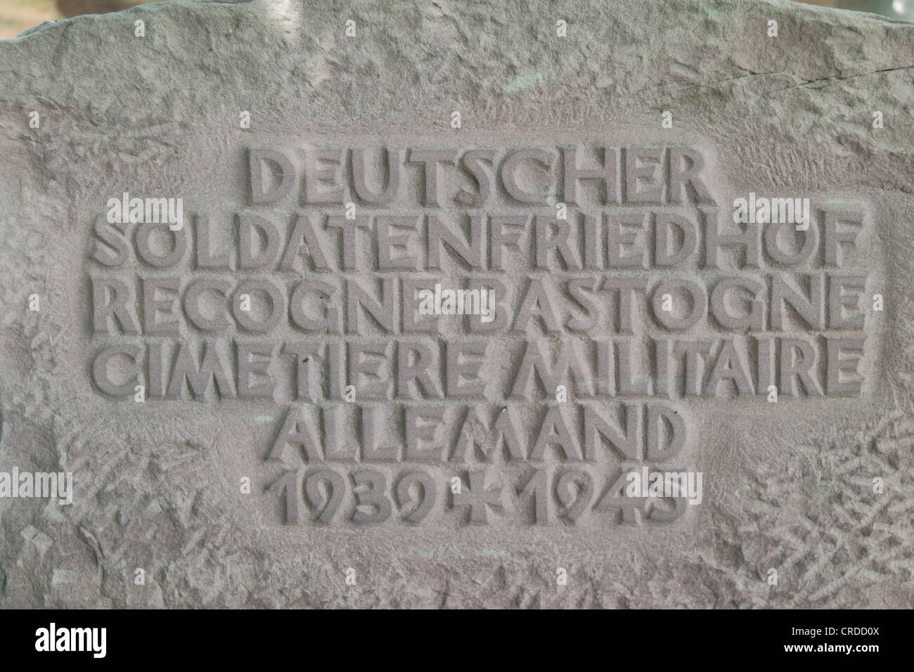 Close up of cemetery entrance name plate in the World War Two German Recogne-Bastogne Cemetery, Belgium. Stock Photo