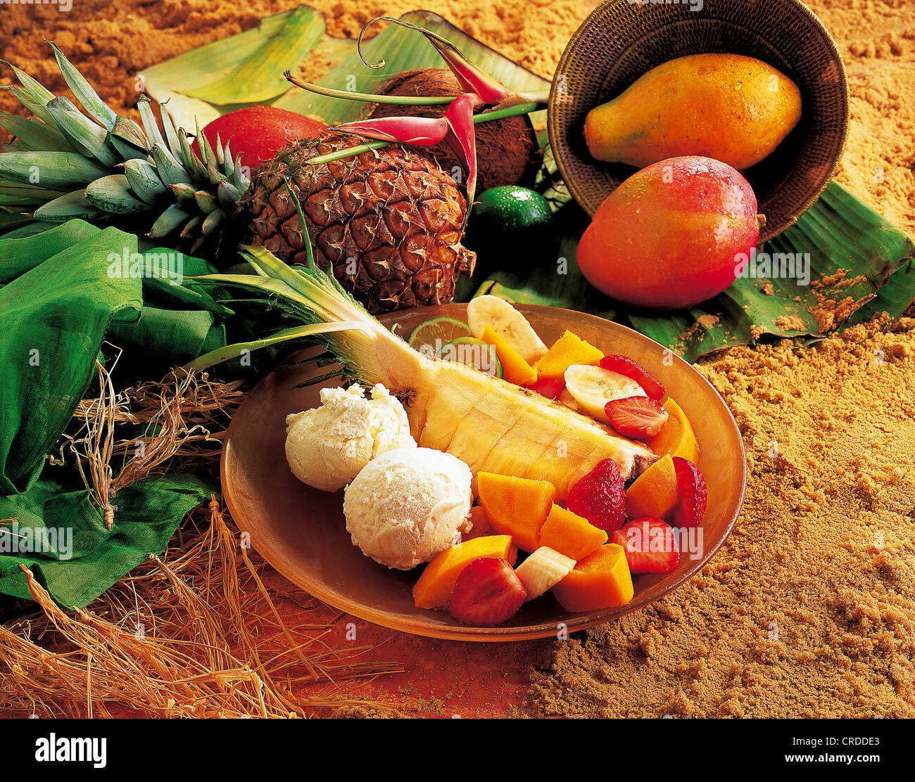 Bananacoconut ice cream with fruit, Caribbean Stock Photo Alamy