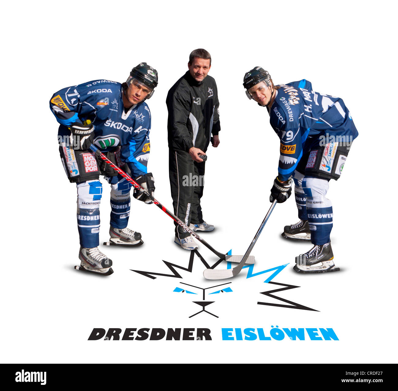 Patrick Strauch, ice hockey player, on the left, Thomas Popiesch, coach, in the middle, and Henry Martens, on the right, posing Stock Photo