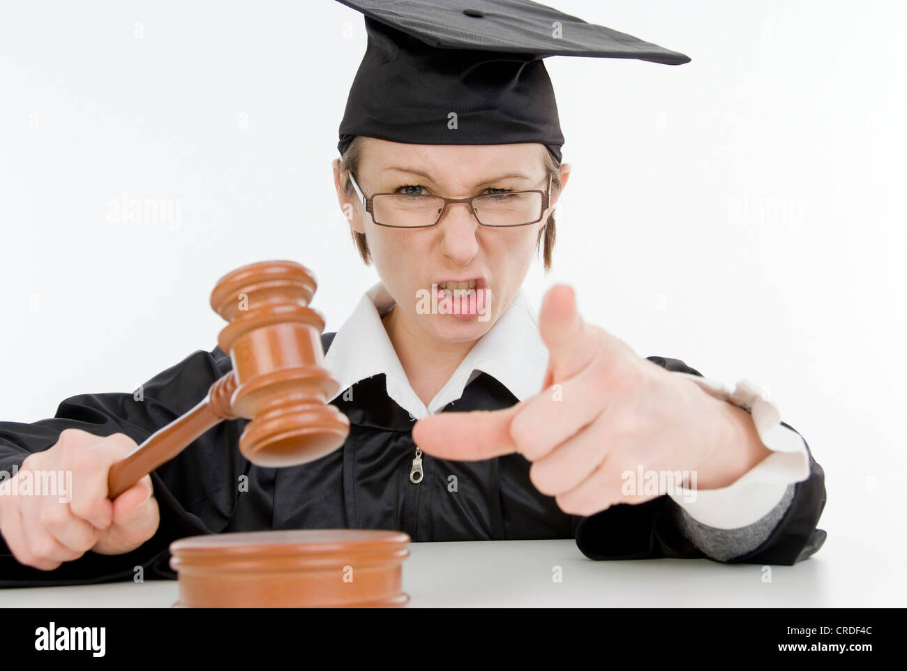 female judge with wooden mallet, conviction Stock Photo Alamy
