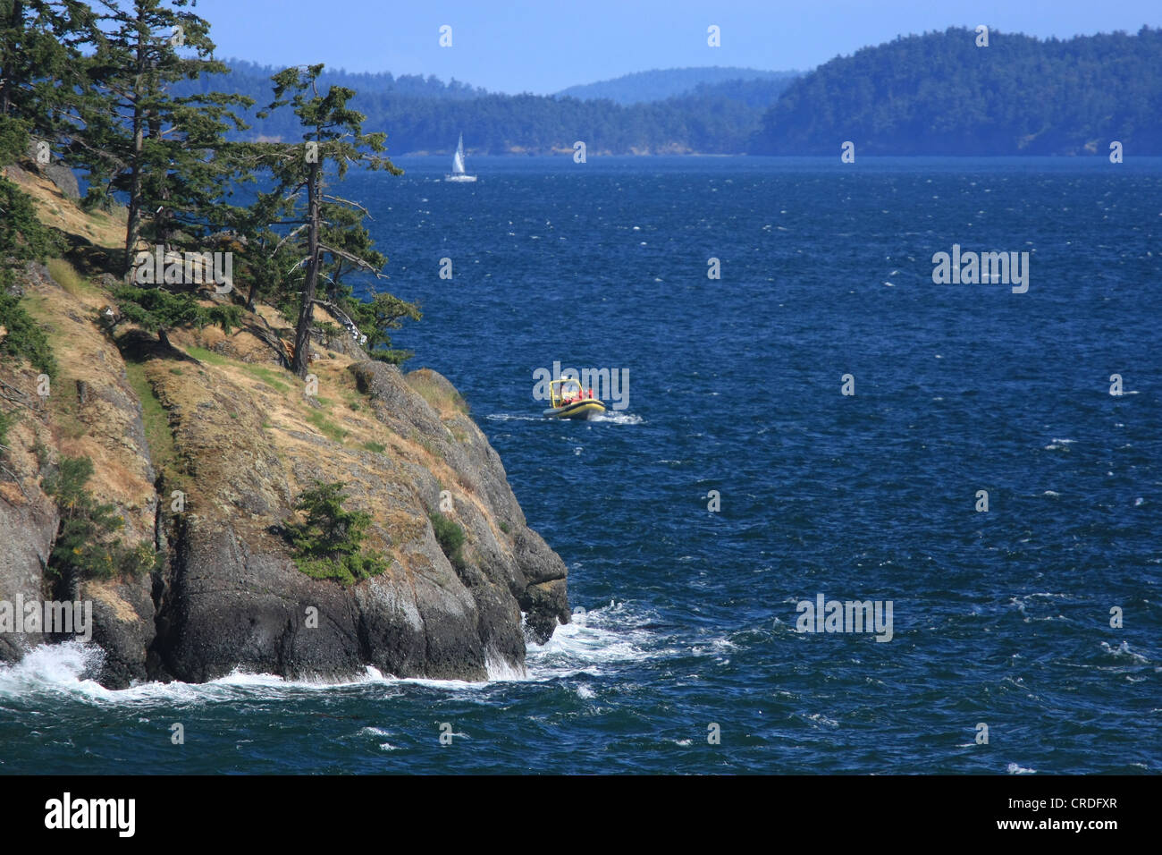 Whale watcher boat cruising in Swanson Channel along the shoreline near Boat Nook, Pender Island, BC, Canada Stock Photo