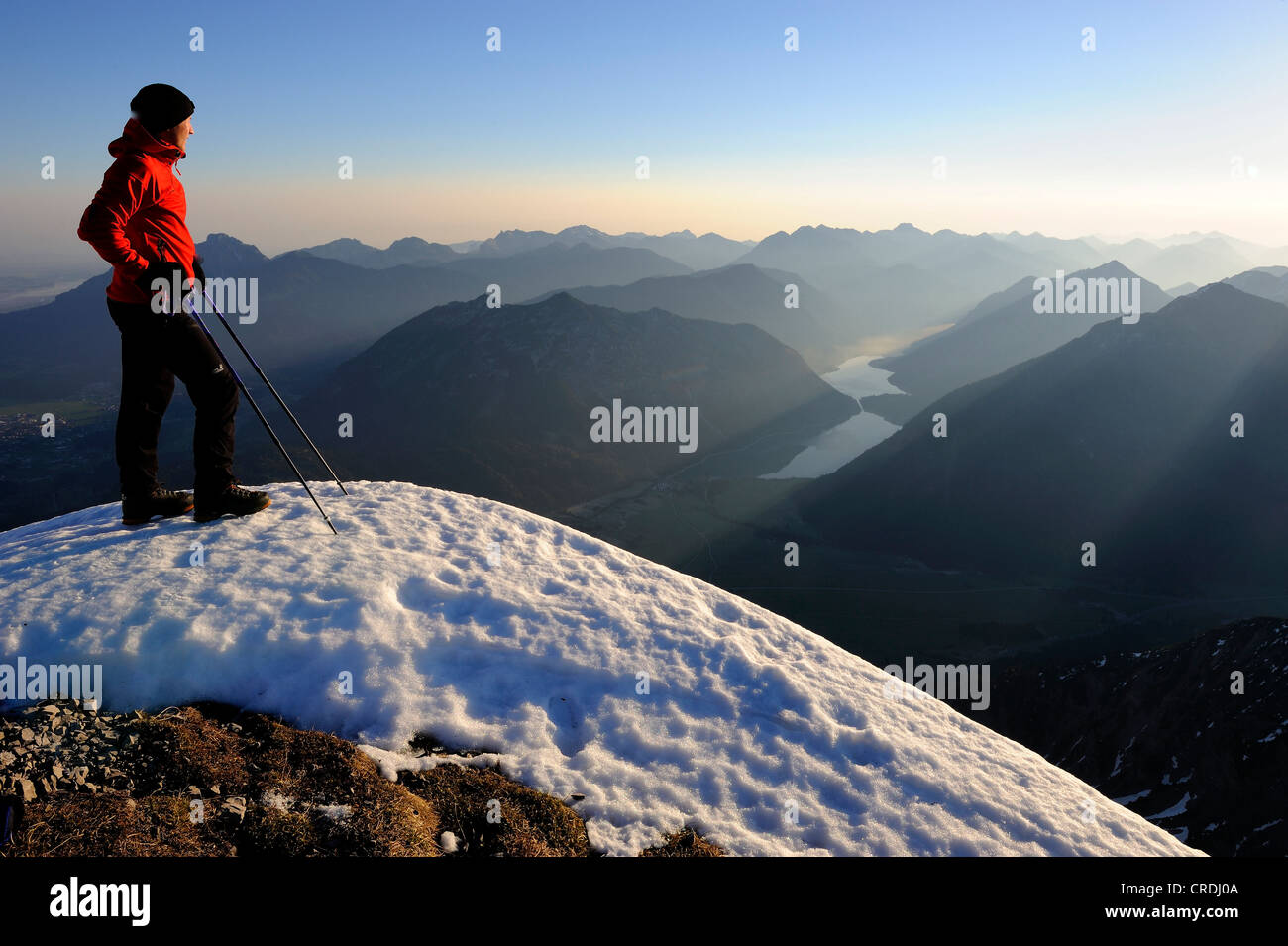 Climber on a ridge with Apl peaks, Reutte, Tyrol, Ausserfern, Austria, Europe Stock Photo