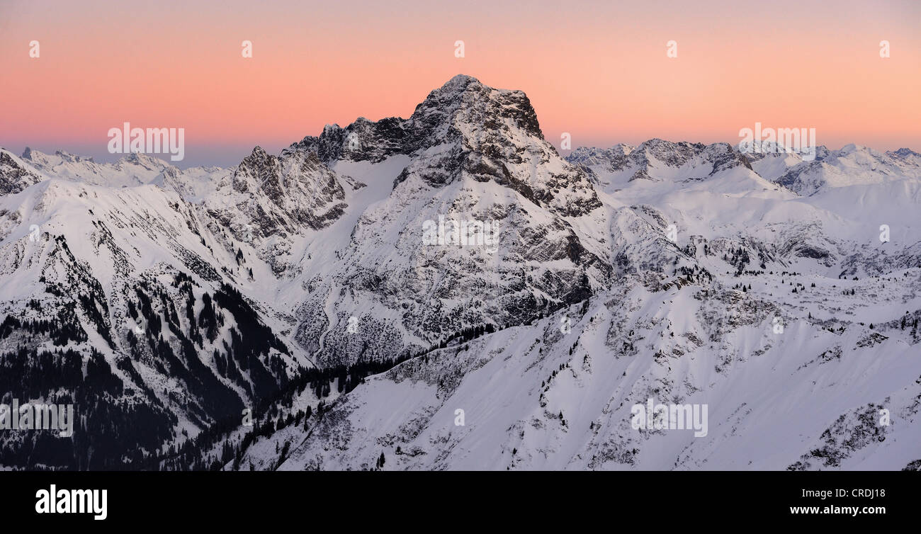 Mountain panorama at the blue hour in winter, Baad, Kleinwalsertal, Vorarlberg, Austria, Europe Stock Photo