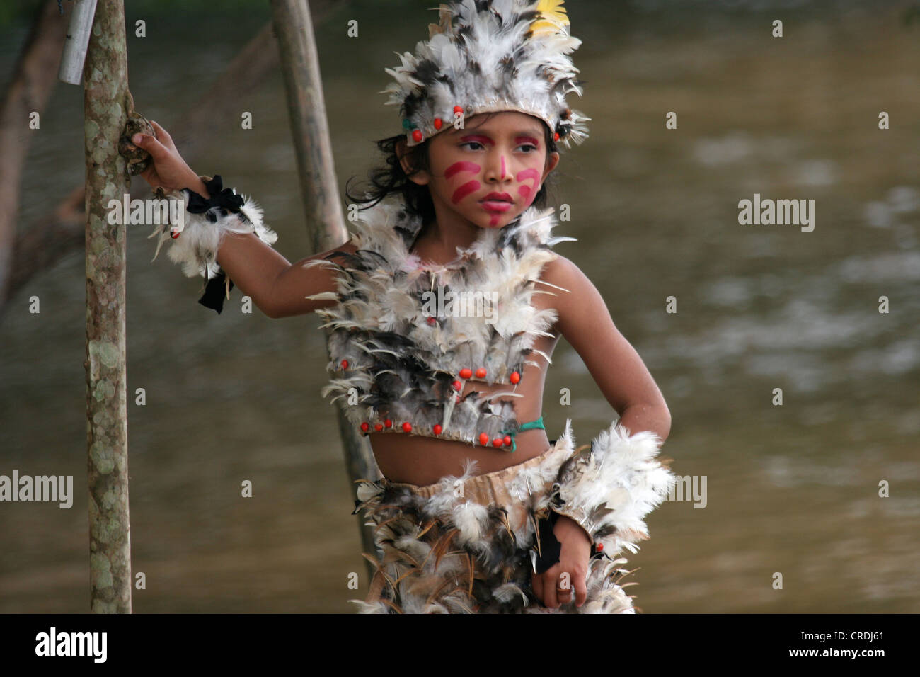 Young girl dressed in traditional Amazonian feathered clothing. Stock Photo