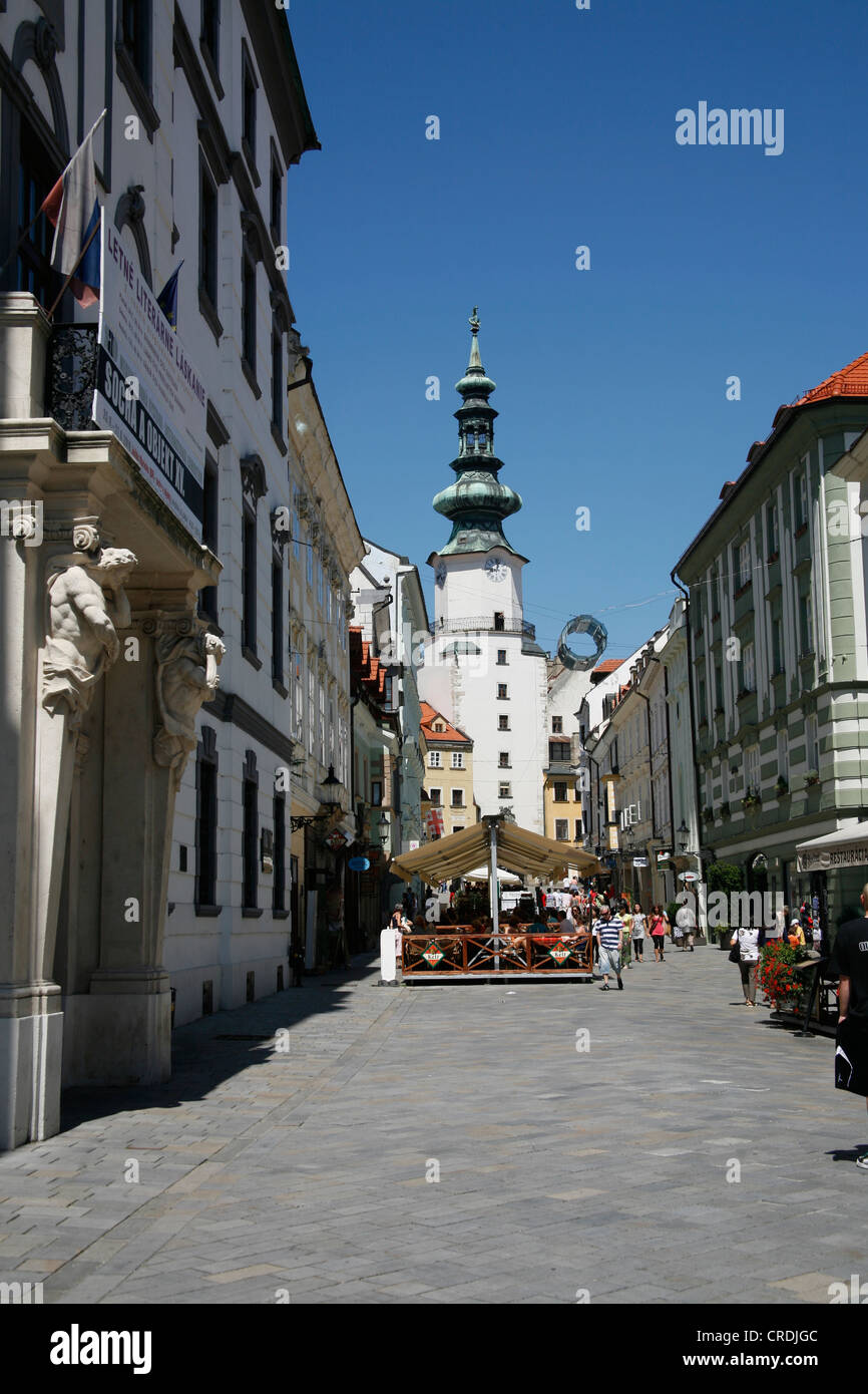 Old town and Michael's Gate city gate in Bratislava, Slovakia, Europe Stock Photo