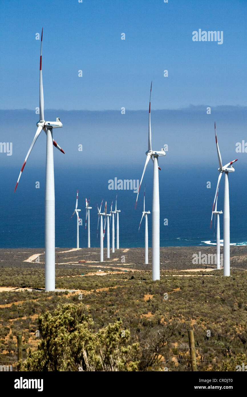 18-MW wind energy plant, built by Endesa in December 2009 in the no man's land between the Pan-American Highway and the Pacific Stock Photo