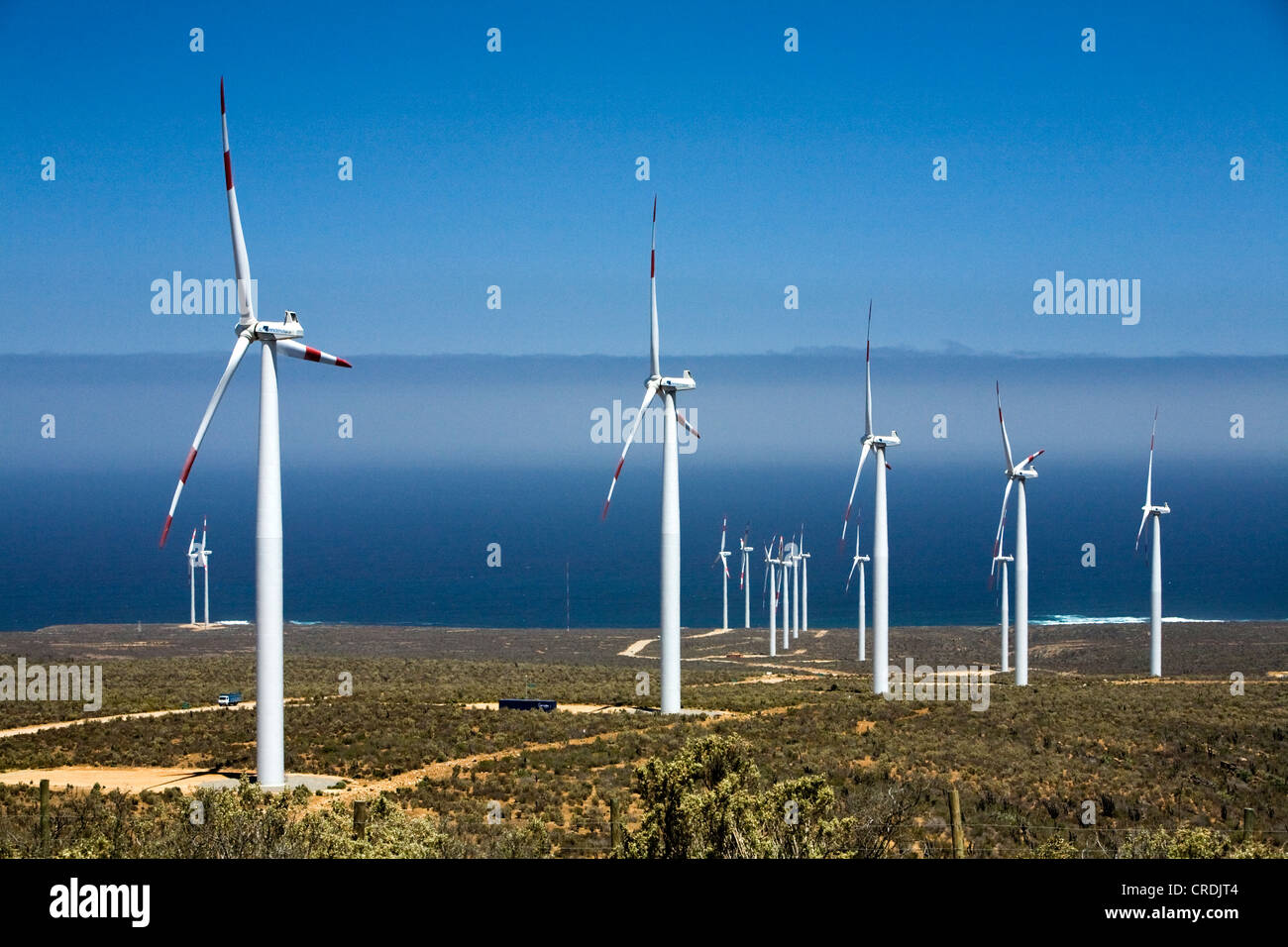 18-MW wind energy plant, built by Endesa in December 2009 in the no man's land between the Pan-American Highway and the Pacific Stock Photo