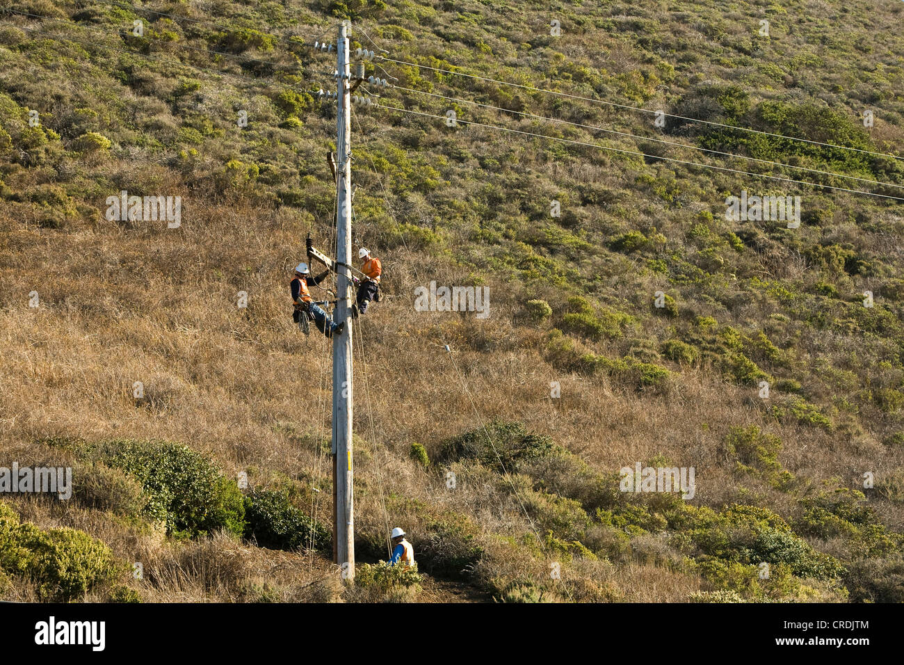 Workers of the PG&E power company working on a pylon, Big Sur, California, USA Stock Photo