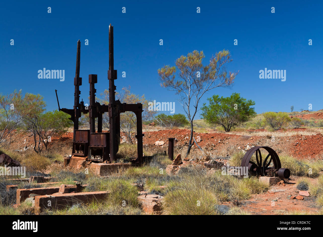 Rusty equipment from a long abandoned gold mine in Western Australia's outback, Marble Bar, Western Australia, Australia Stock Photo