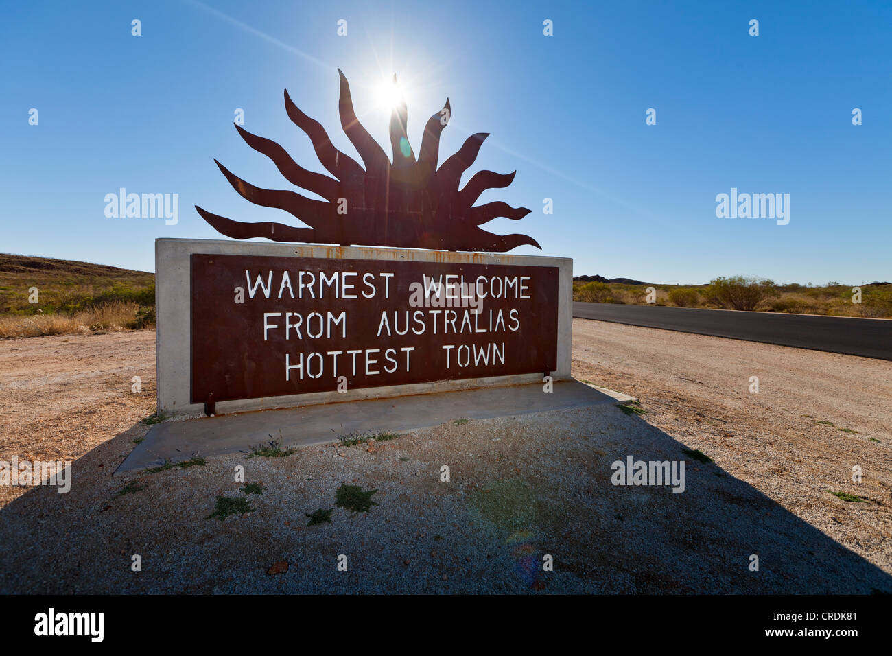 Welcome sign of Marble Bar, Australia's hottest town, Marble Bar, Western Australia, Australia Stock Photo