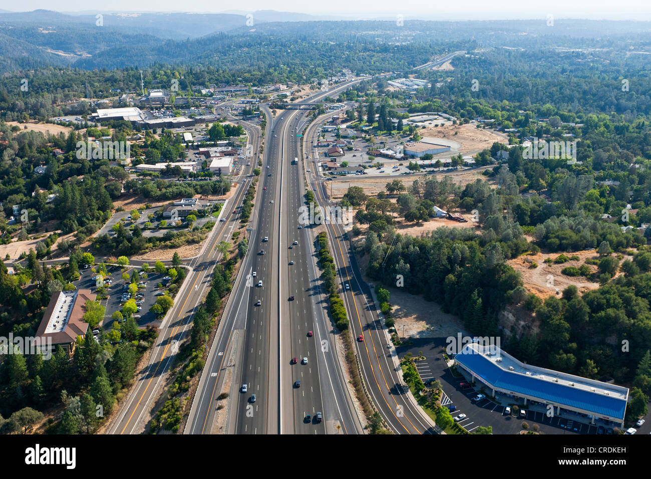 Interstate 80 highway, heading south, aerial view east of Sacramento, Auburn, California, USA, North America Stock Photo