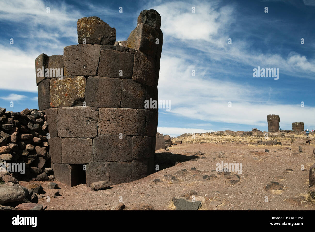 Burial towers called chullpas, of the Aymara people from the Colla culture above Lake Umayo near Puno, conquered by the Incas in Stock Photo