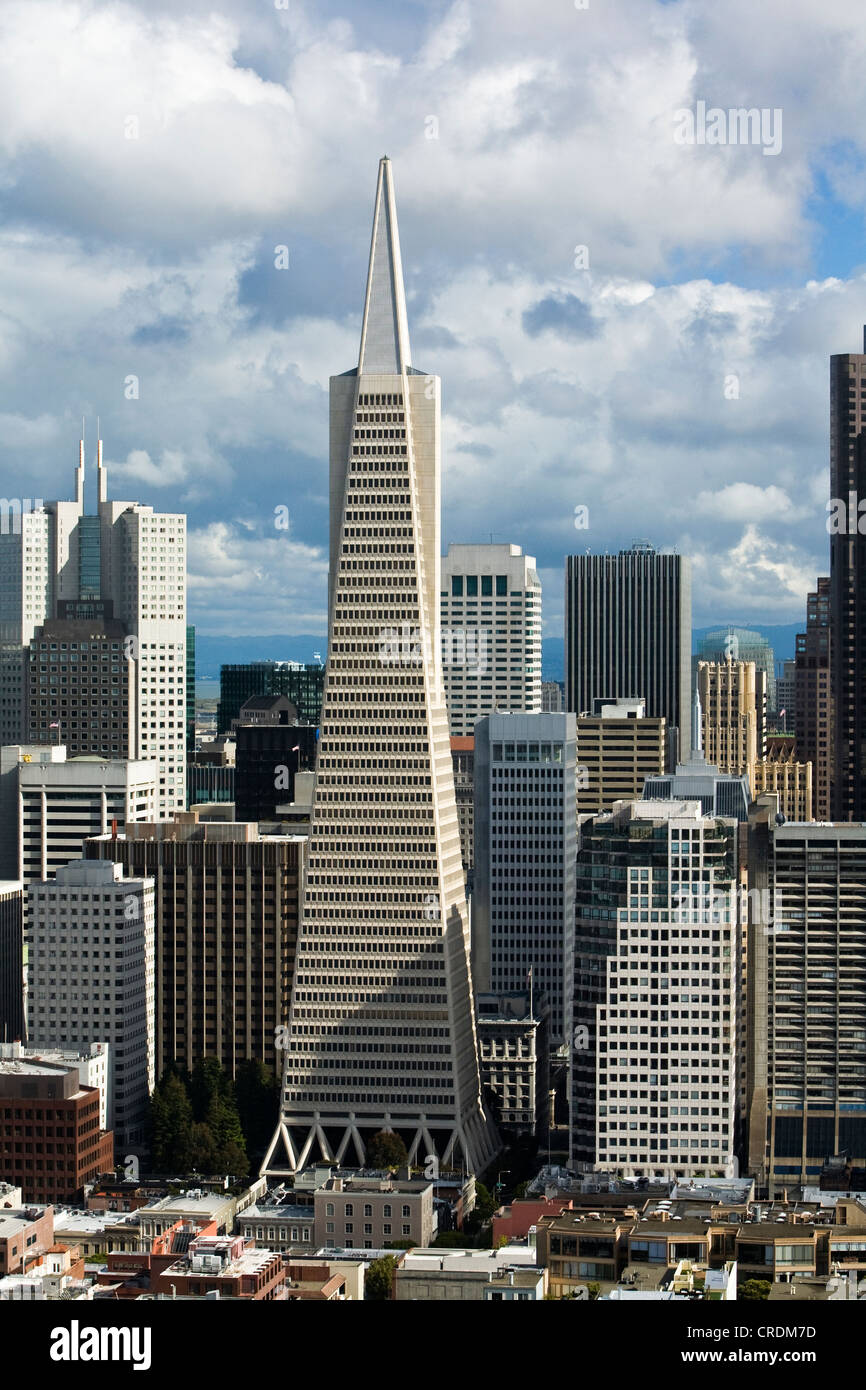 View from Coit Tower towards the Financial Center with the Transamerica Pyramid, San Francisco, California, USA Stock Photo