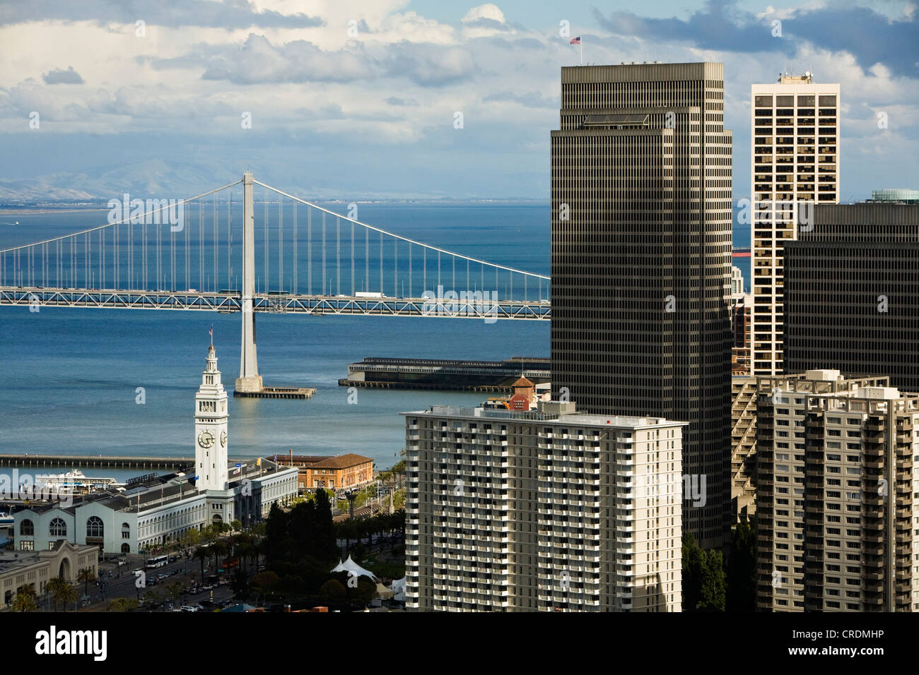 View from Coit Tower to the Financial Center with Oakland Bay Bridge and the Ferry Building, left, , USA Stock Photo