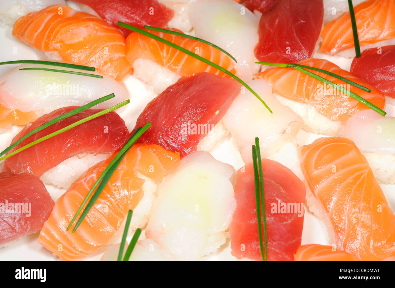 nigri sushi with salmon, tuna, devilfish and chives Stock Photo