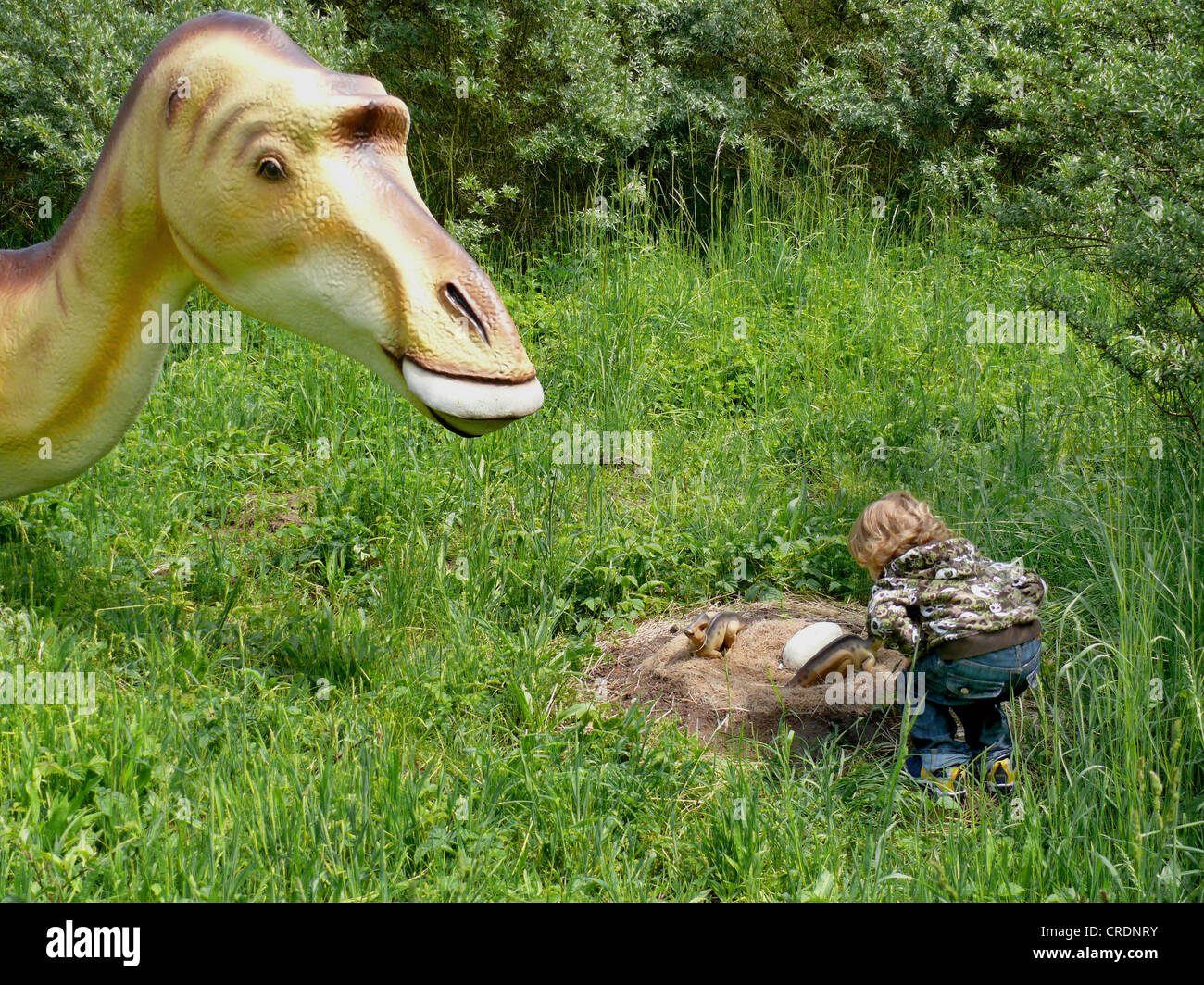 Edmontosaurus (Edmontosaurus), little boy inspecting a dinosaur's nest Stock Photo