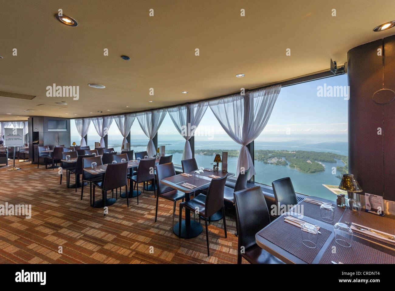 View over Lake Ontario from the Horizons Restaurant on the Lookout Level at the top of the CN Tower, Toronto, Ontario, Canada Stock Photo