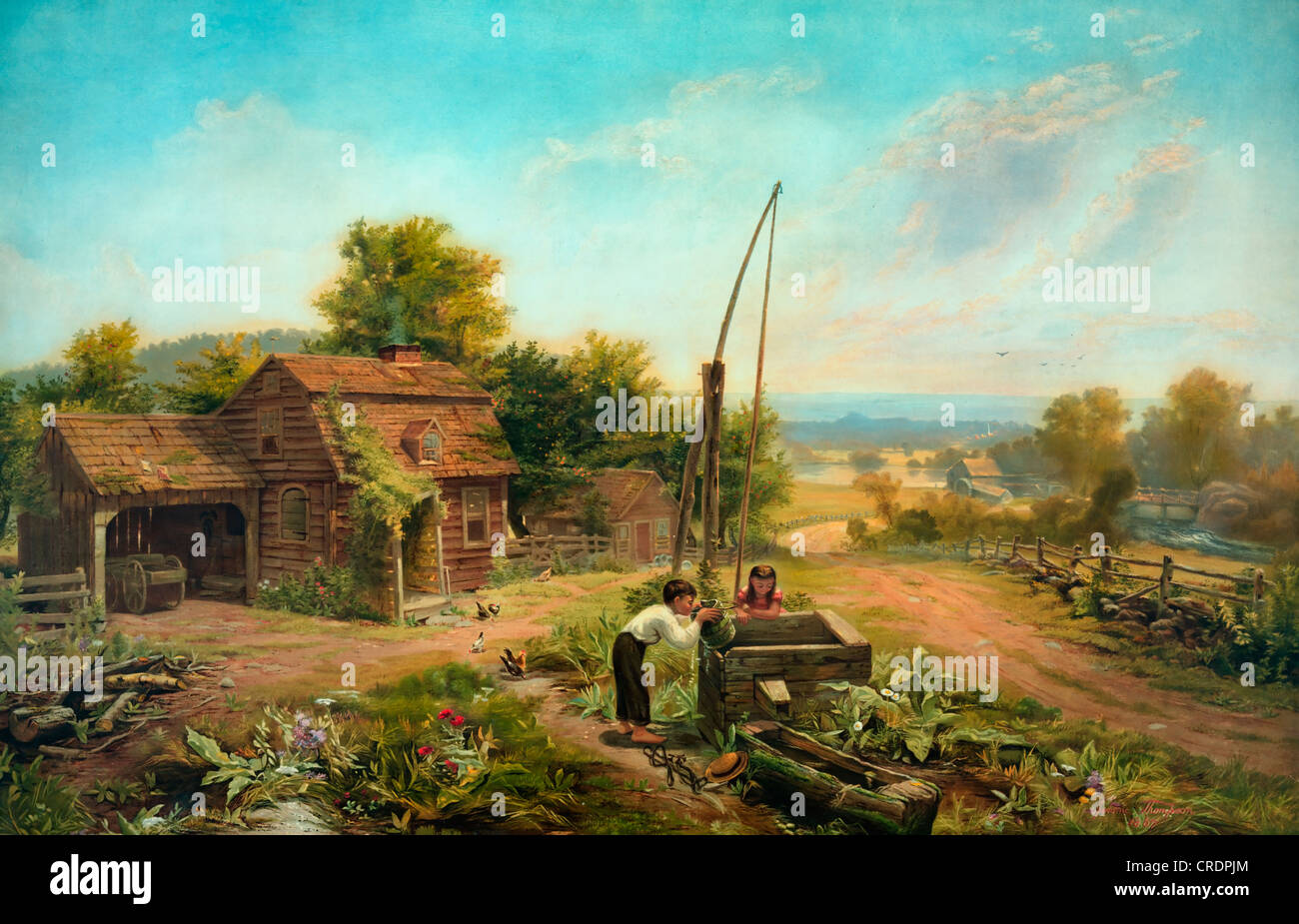 The old oaken bucket homestead with well and old oaken bucket Stock