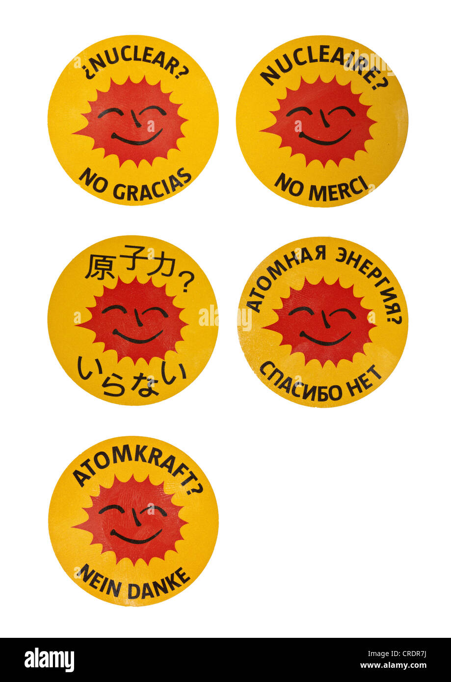 Sticker, Nuclear power? No thanks in different languages, Spanish, French, Japanese, Russian, German Stock Photo