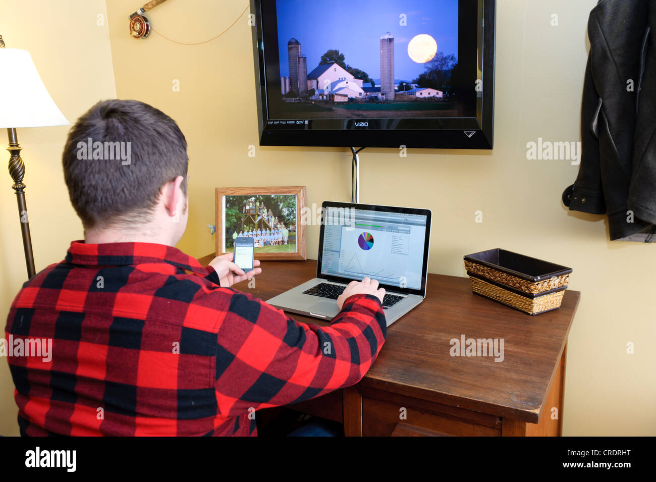 FARMER IN HOME OFFICE USING LAPTOP COMPUTER; WORKING FROM HOME Stock ...