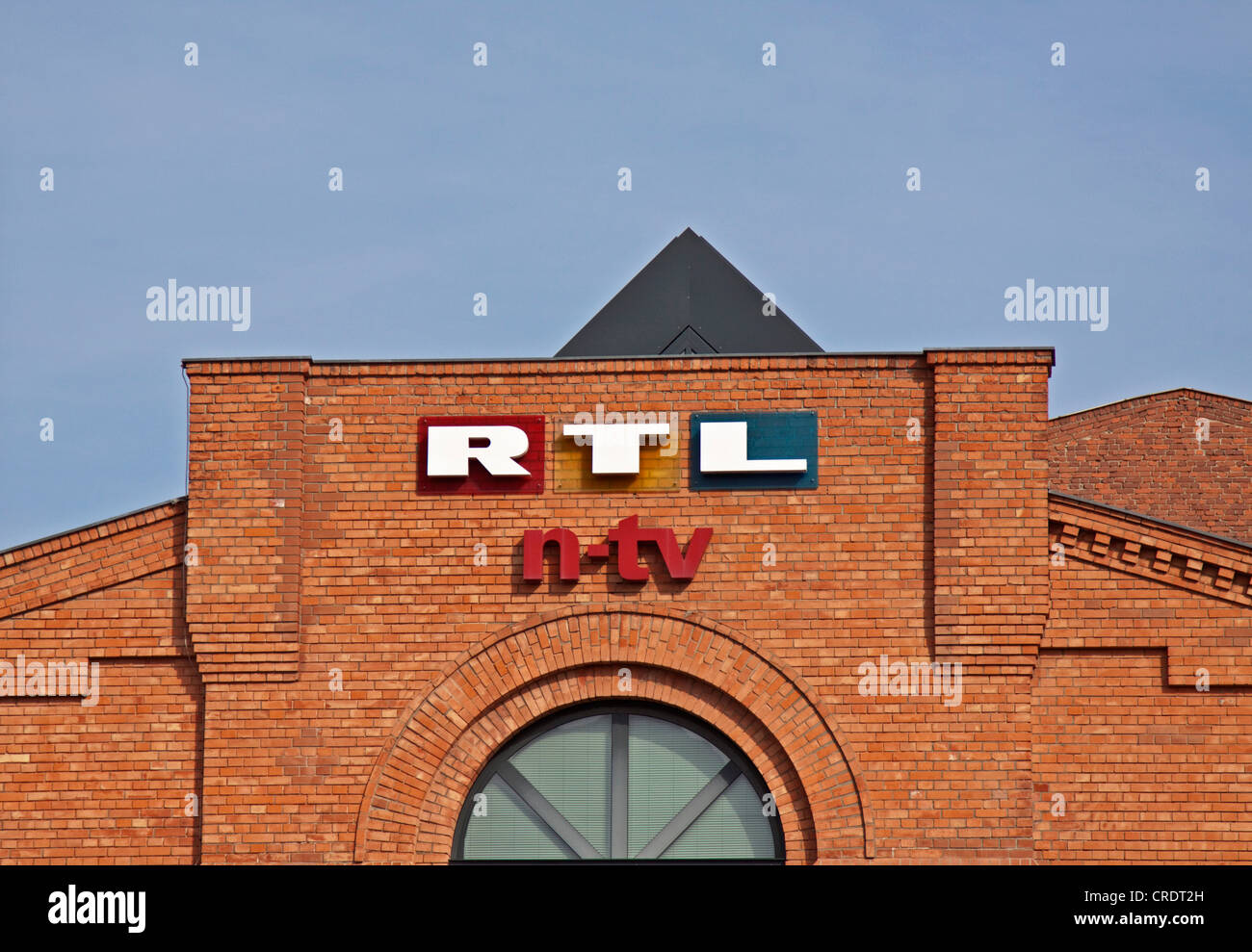 Logos of the RTL and n-tv tv stations, Schiffbauerdamm, Berlin, Germany Stock Photo