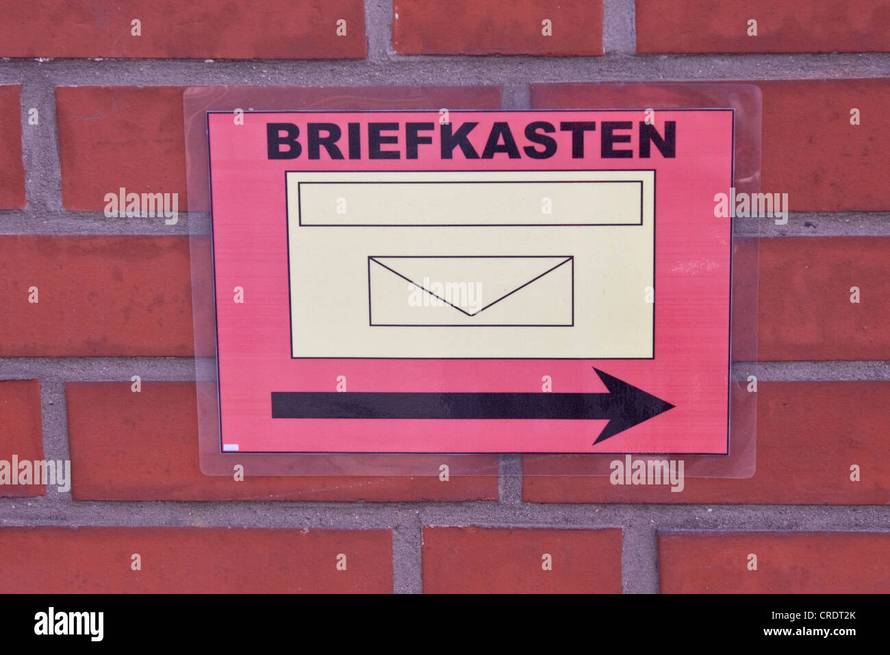 Sign 'Briefkasten' or 'letter box' with directional arrow Stock Photo