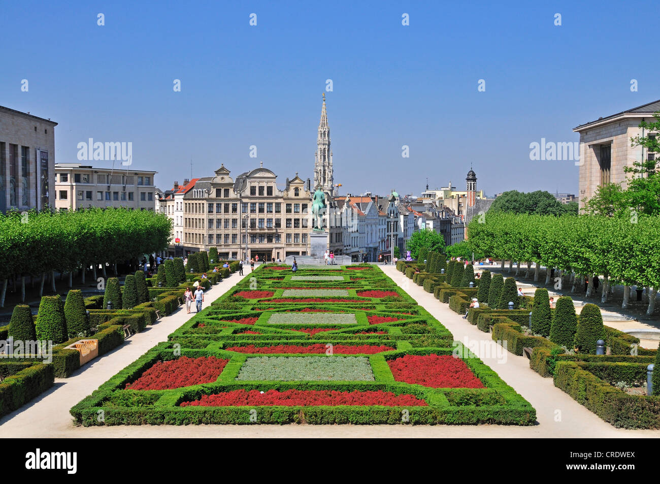 Panoramic view from the Mont des Arts to the equestrian statue of King Albert I, park at the Albert I Royal Library, Place de Stock Photo