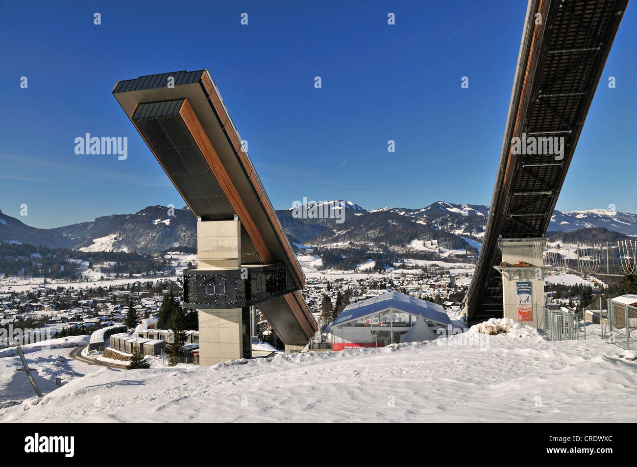 HS106 Normal Hill and HS137 Large Hill ski jumps, Schattenbergschanze ski jumping hill, Erdinger Arena, Oberstdorf Stock Photo