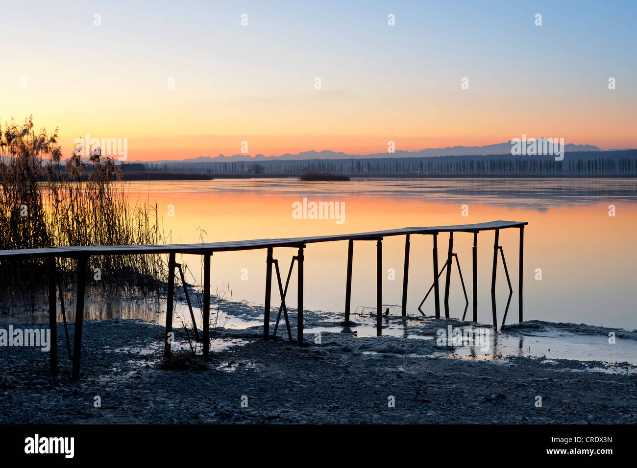 Jetty on a winter morning with views of the avenue in Hegne on Reichenau Island, Baden-Wuerttemberg, Lake Constance Stock Photo