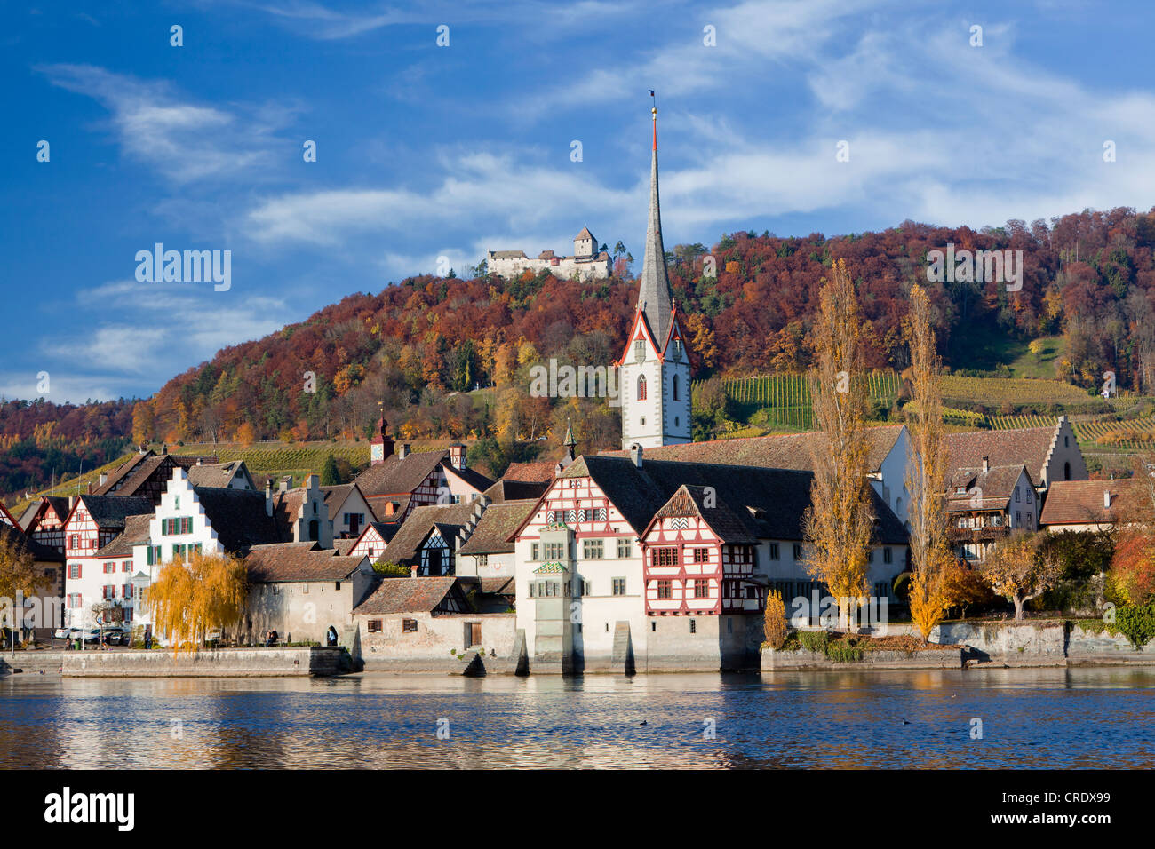 Autumn at the Rhine with castle and church, Stein am Rhein, Switzerland, Europe, PublicGround Stock Photo