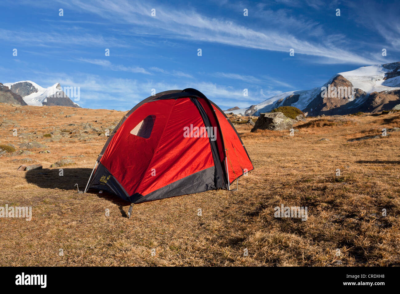 Red tent in the mountains near Stellisee Lake, Fluhalp, Zermatt, Valais, Swiss Alps, Switzerland, Europe, PublicGround Stock Photo