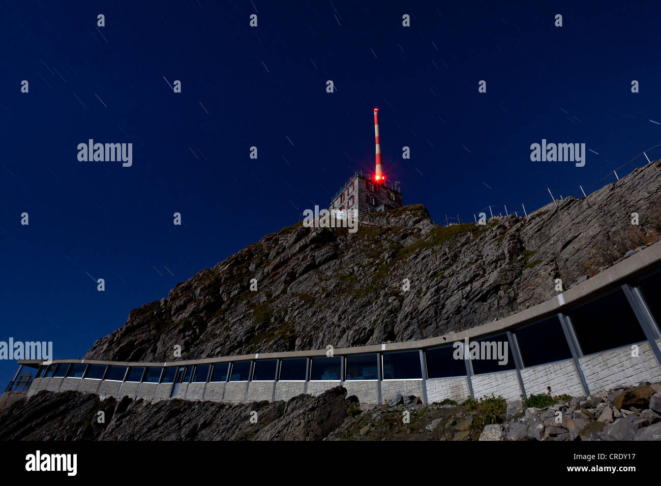 Transmission system on Mt Saentis in the light of the full moon, Alpstein range, Switzerland, Europe Stock Photo
