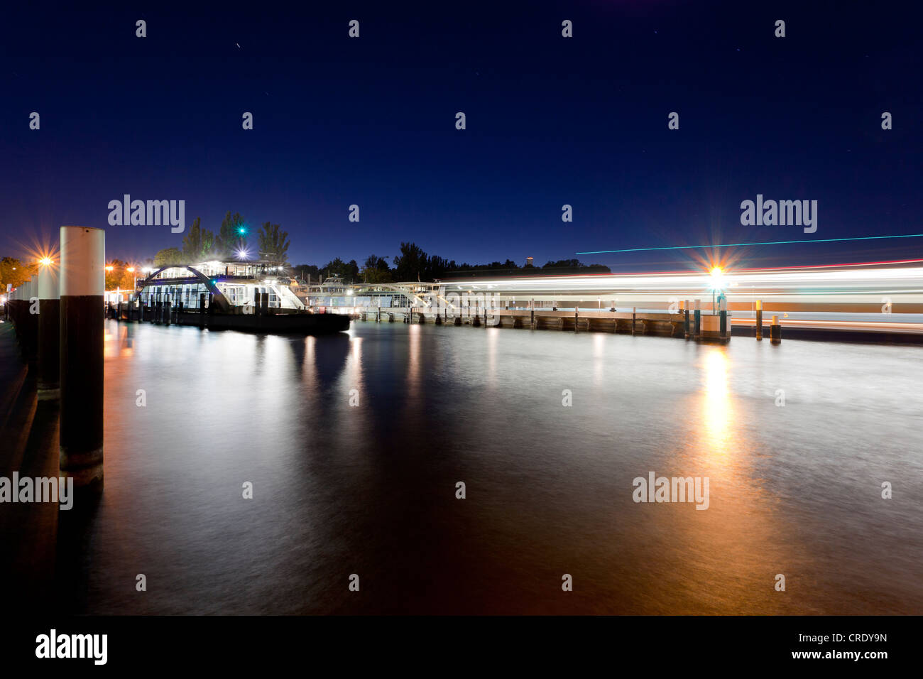 Harbour of the Konstanz-Meersburg ferry at dusk, Lake Constance, Baden-Wuerttemberg, Germany, Europe, PublicGround Stock Photo