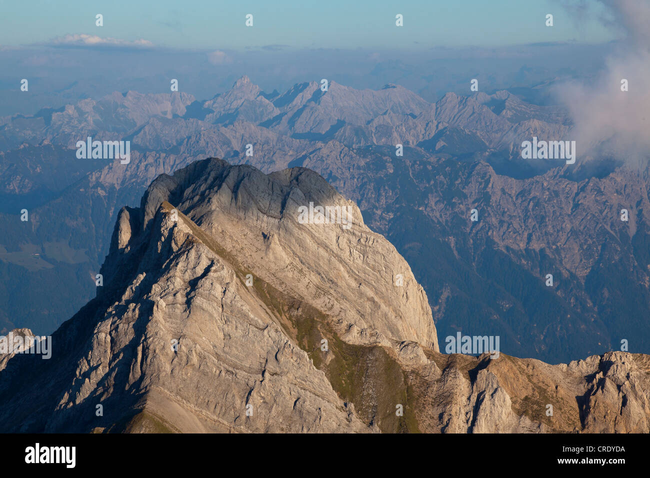 Evening mod in the Alpstein range with views of Mt Altmann from Mt Saentis, Switzerland, Europe Stock Photo