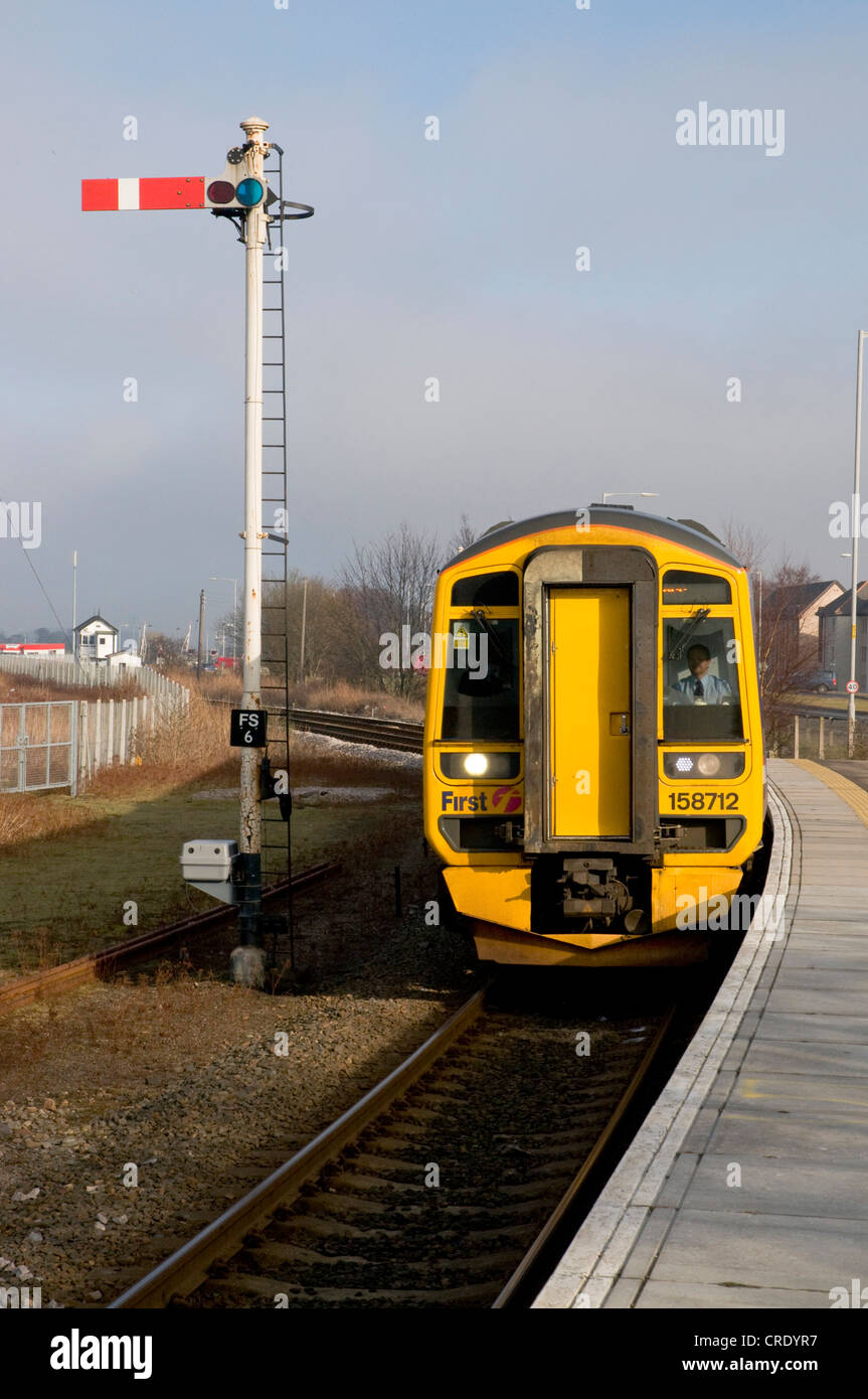 class 158 diesel multiple unit no.158701, approaching aviemore station, United Kingdom, Scotland, Highlands Stock Photo
