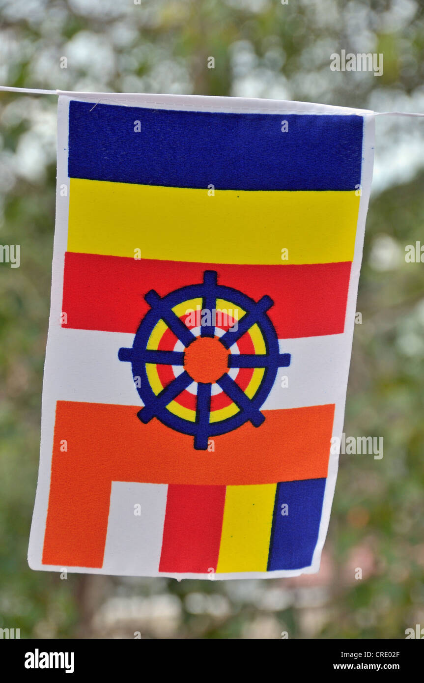 International Buddhist flag, Jaya Sri Maha Bodhi, Anuradhapura, Sri Lanka, Ceylon, South Asia, Asia Stock Photo
