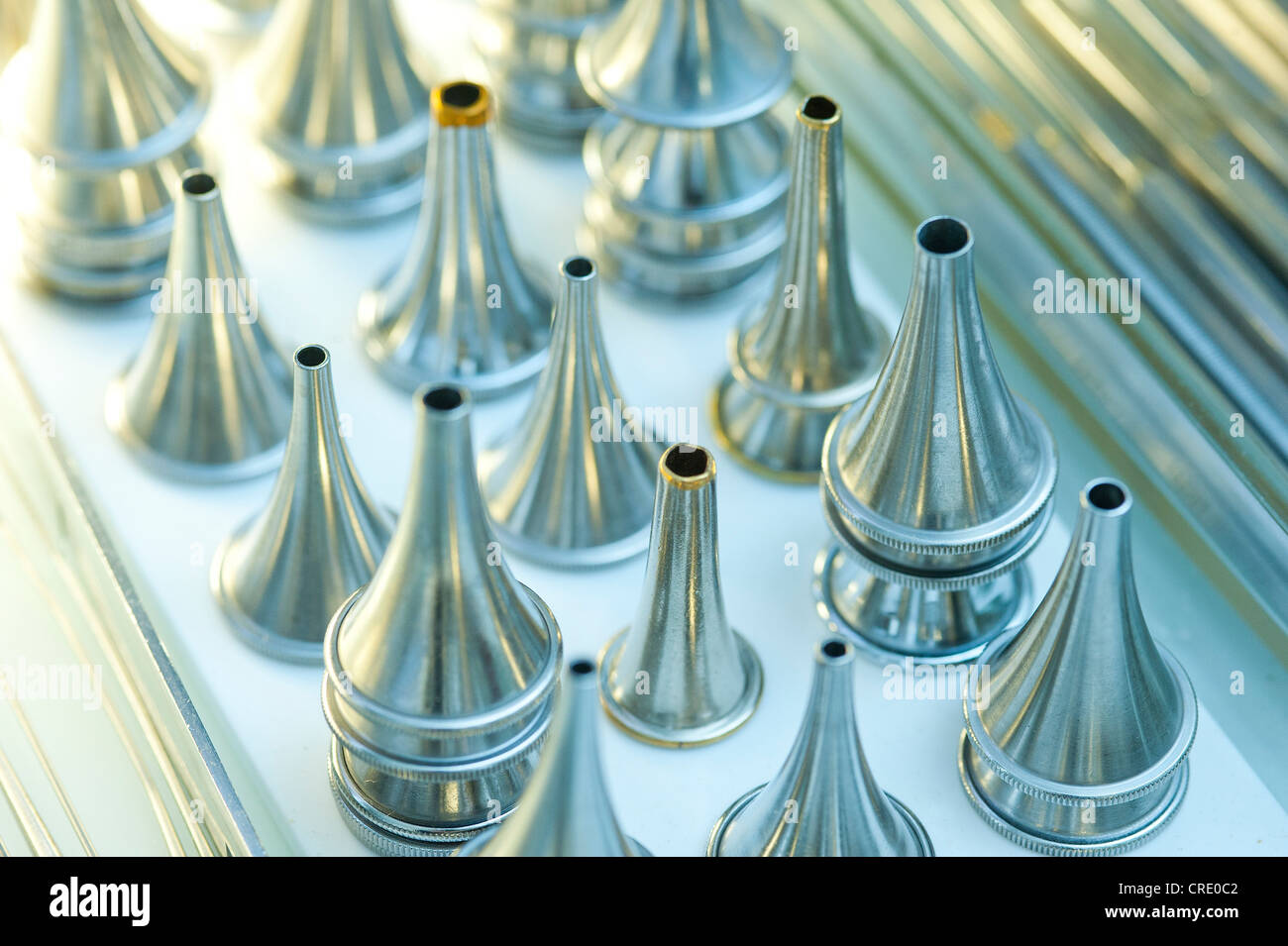 Small cones or funnels for examinations carried out by an ear, nose and throat specialist, medical instruments Stock Photo