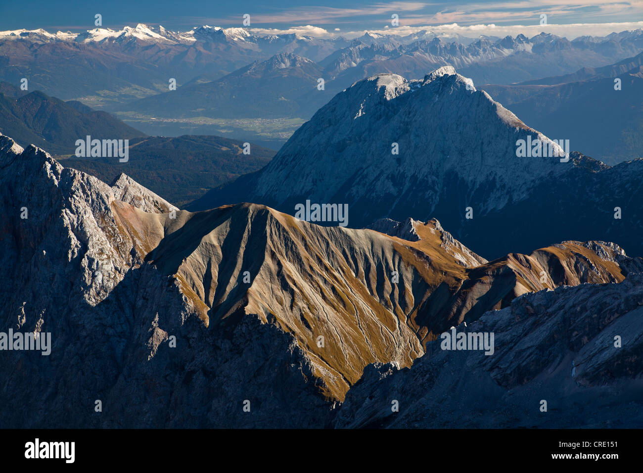 View from Mt. Zugspitze on the mountains in autumn light, Germany, Austria, Europe Stock Photo