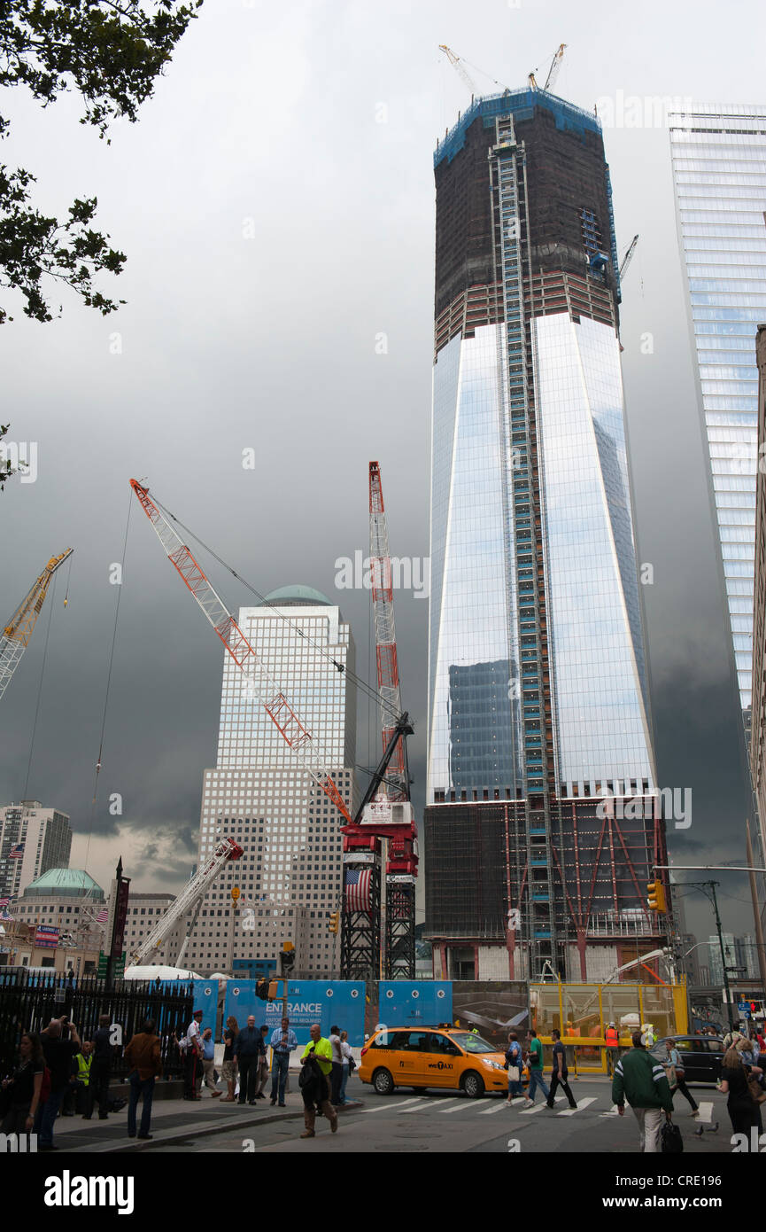 Construction site of a high-rise building, construction of a skyscraper, One World Trade Center, Freedom Tower, American Flag Stock Photo