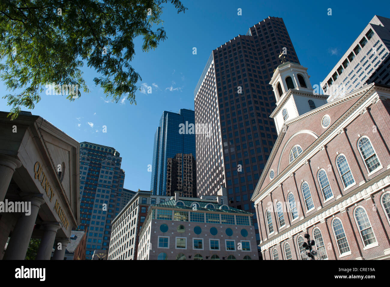Faneuil Hall, historic building in Quincy Market, skyscrapers of the